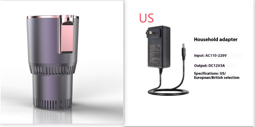 Gray cylindrical device with pink accent on a white background, next to a black household adapter with specifications.
