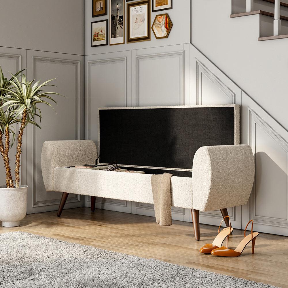 Beige Teddy fabric storage bench for bedrooms and hallways.