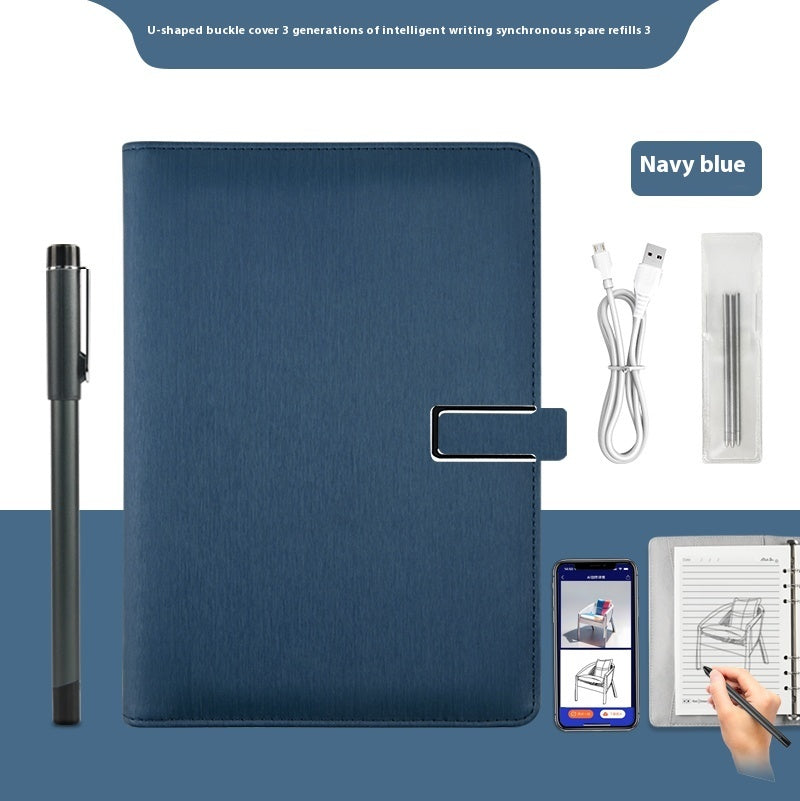 Navy blue writing set with pen, cable, and smartphone app on a blue background