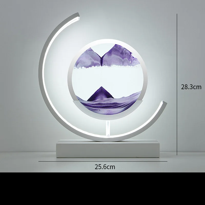 Modern desk lamp with geometric frame and calming sand motion for relaxation.