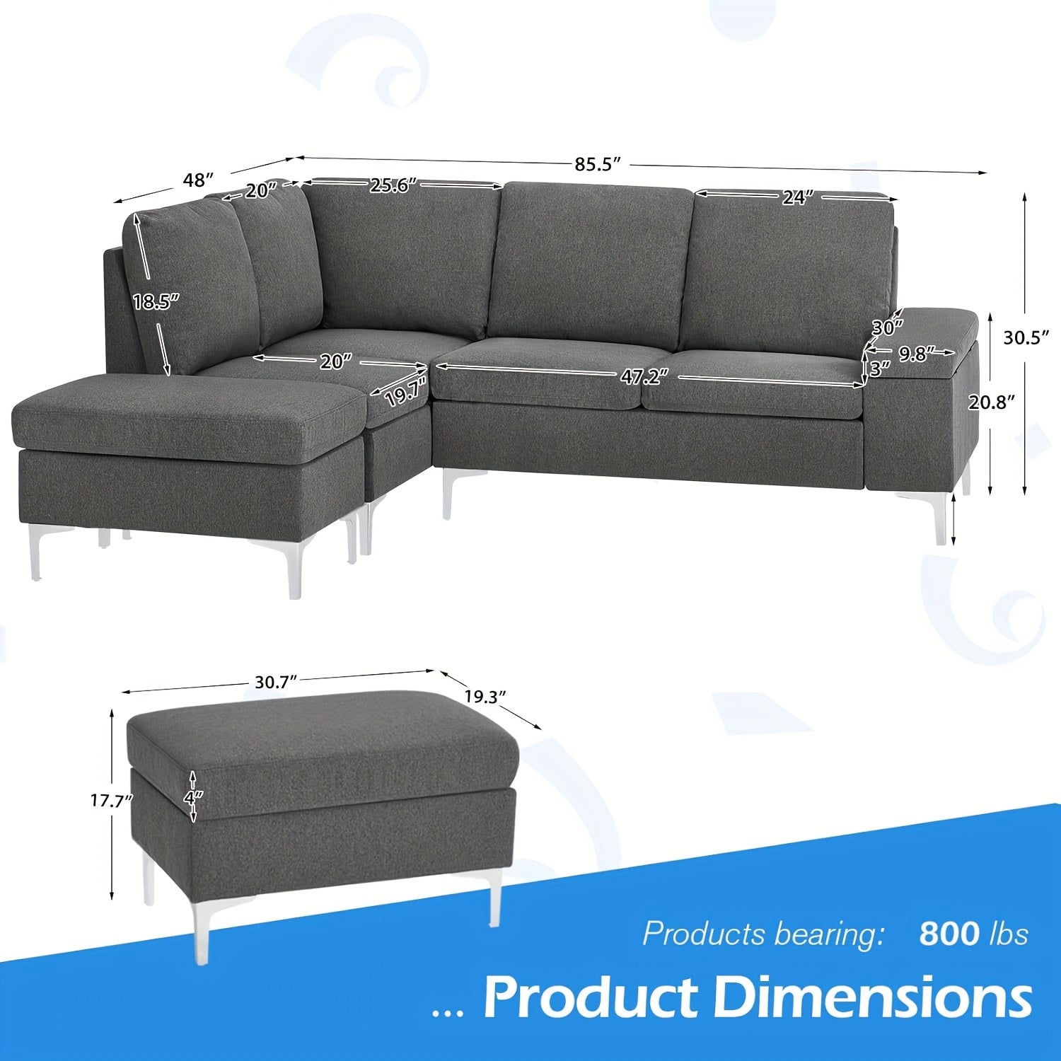 "Grey upholstered corner sofa set with storage, ideal for modern interiors."
