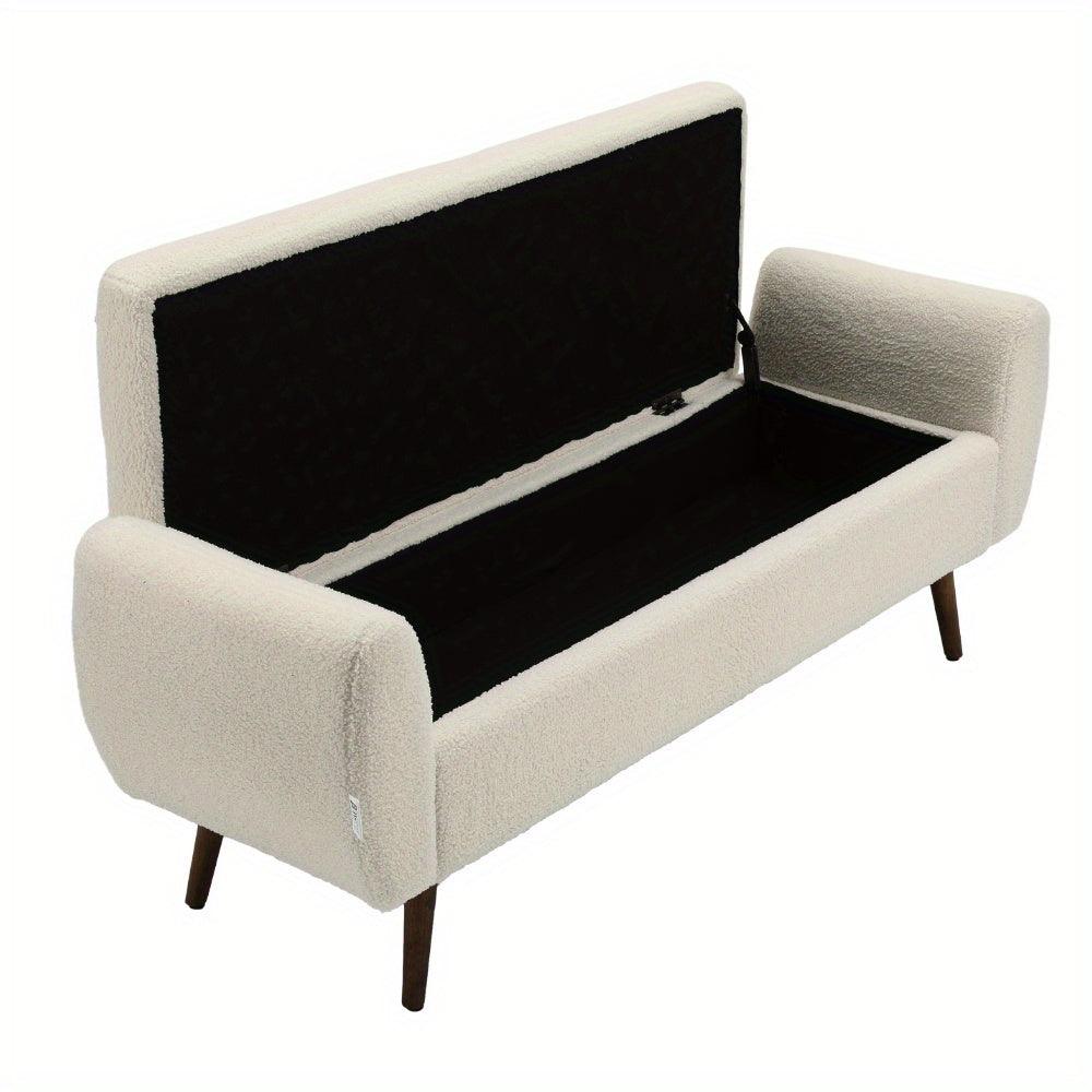 Teddy velvet rectangular storage bench with walnut wood legs.
