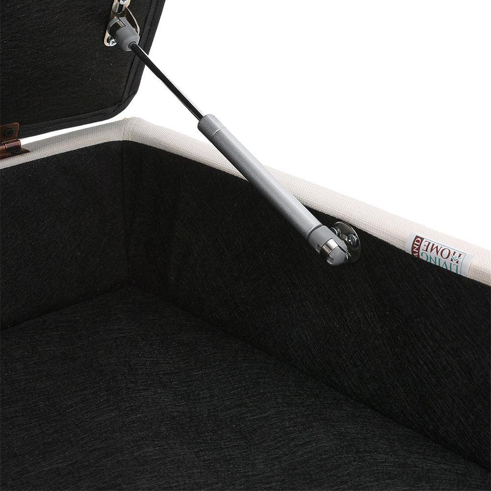 Upholstered footrest with hidden storage and wooden legs.