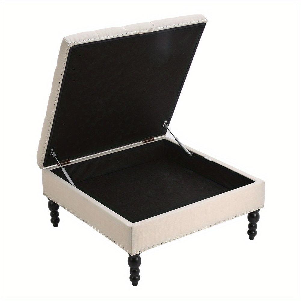 Square linen storage stool for living room organization.