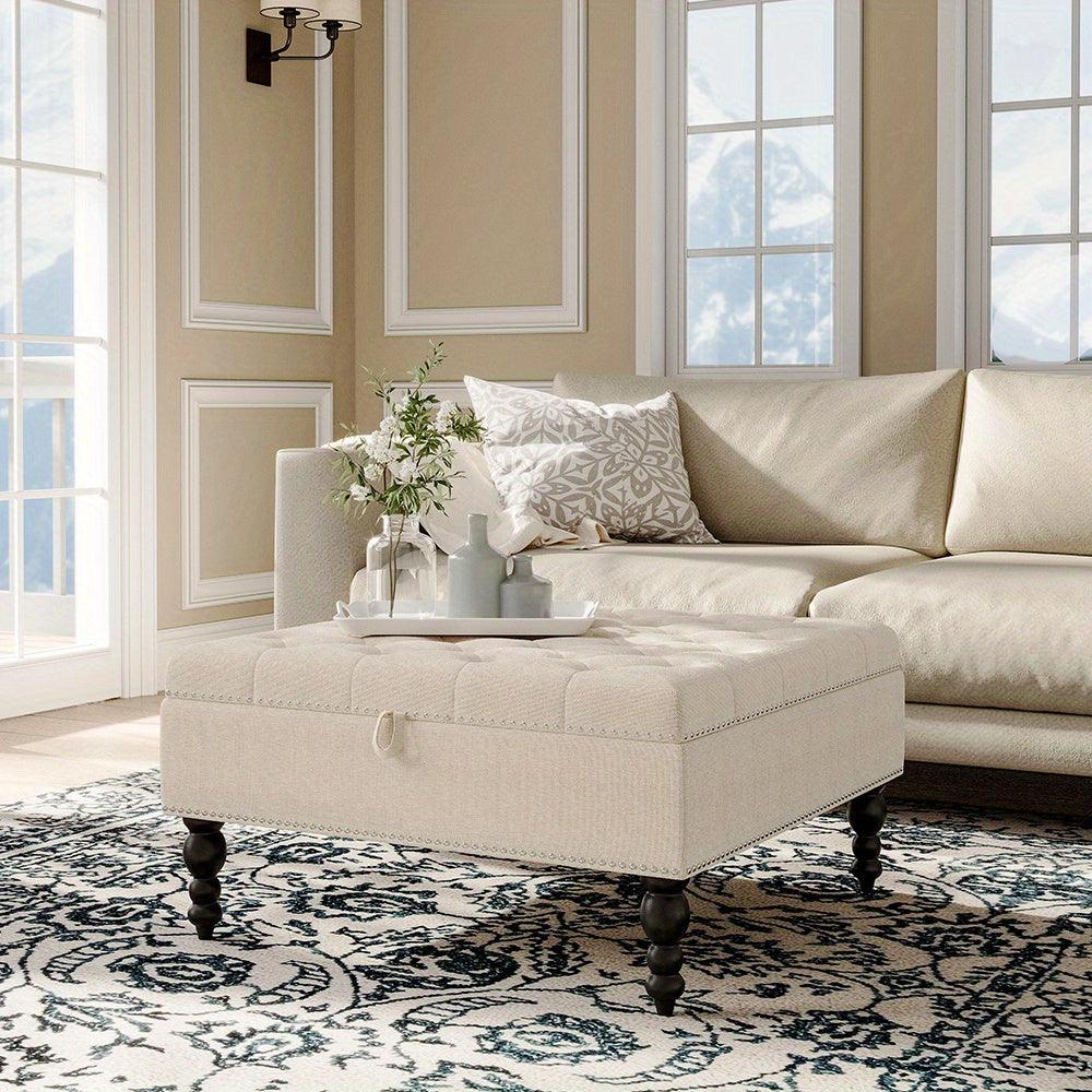 Square linen upholstered ottoman bench with hidden storage.