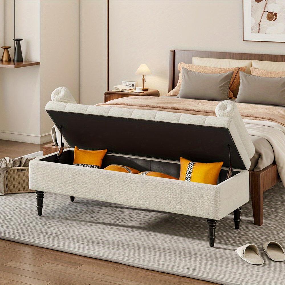 Hidden storage bench with soft Sherpa fabric for cozy interiors.