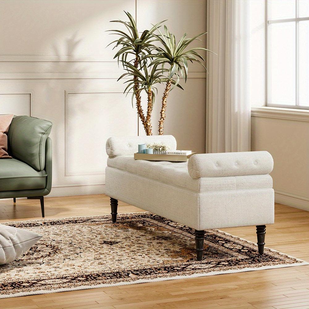 Sherpa fabric ottoman with flip-top storage and sturdy hardwood frame.