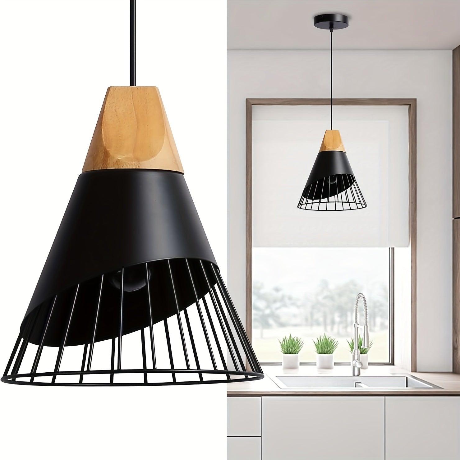 Adjustable wooden ceiling light for farmhouse-style rooms.