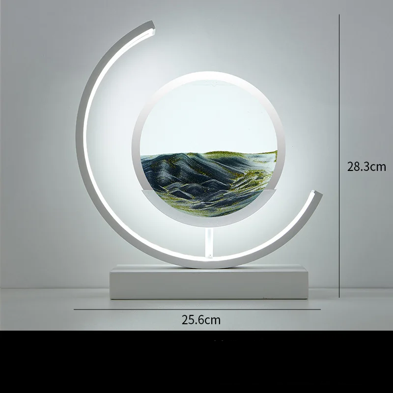 Modern Geometric Sand Art Desk Lamp with adjustable brightness, USB powered, on a wooden desk.