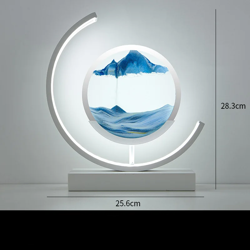 Close-up of geometric sand lamp showing dynamic sand patterns and soft ambient light.