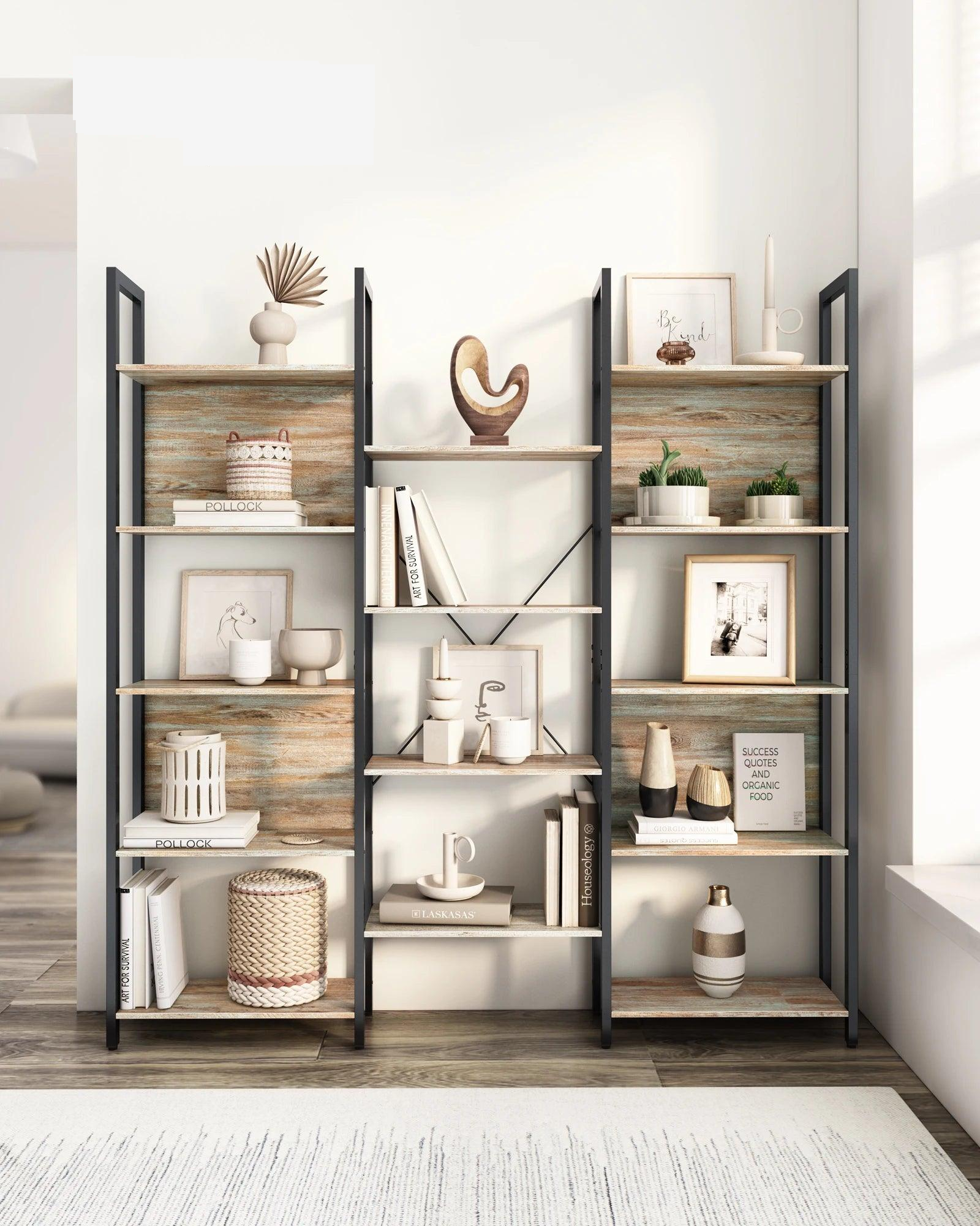 Multilevel bookshelf with decorative items in a room setting