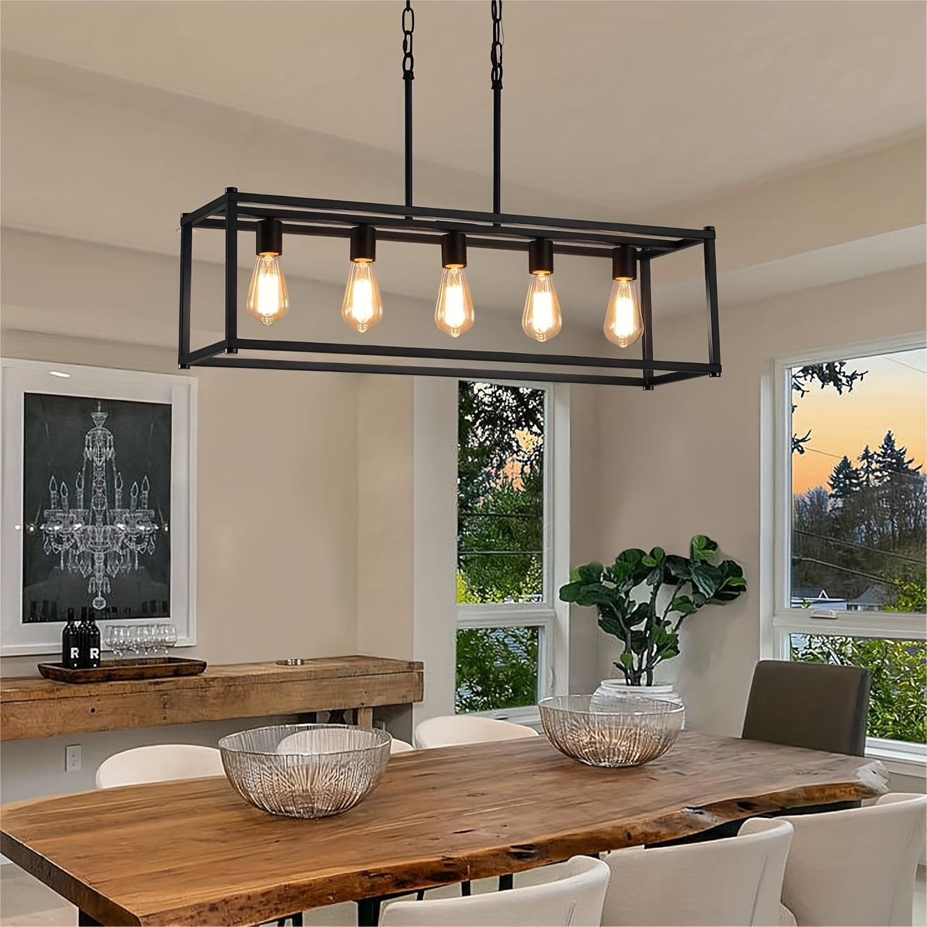 5-Light Industrial Rectangular Chandelier – Rustic Black Kitchen Island Lighting - In home decor