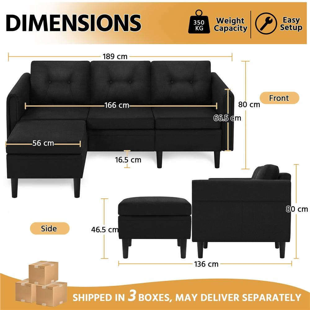 Hardwood and particle board L-shaped sofa for family rooms.