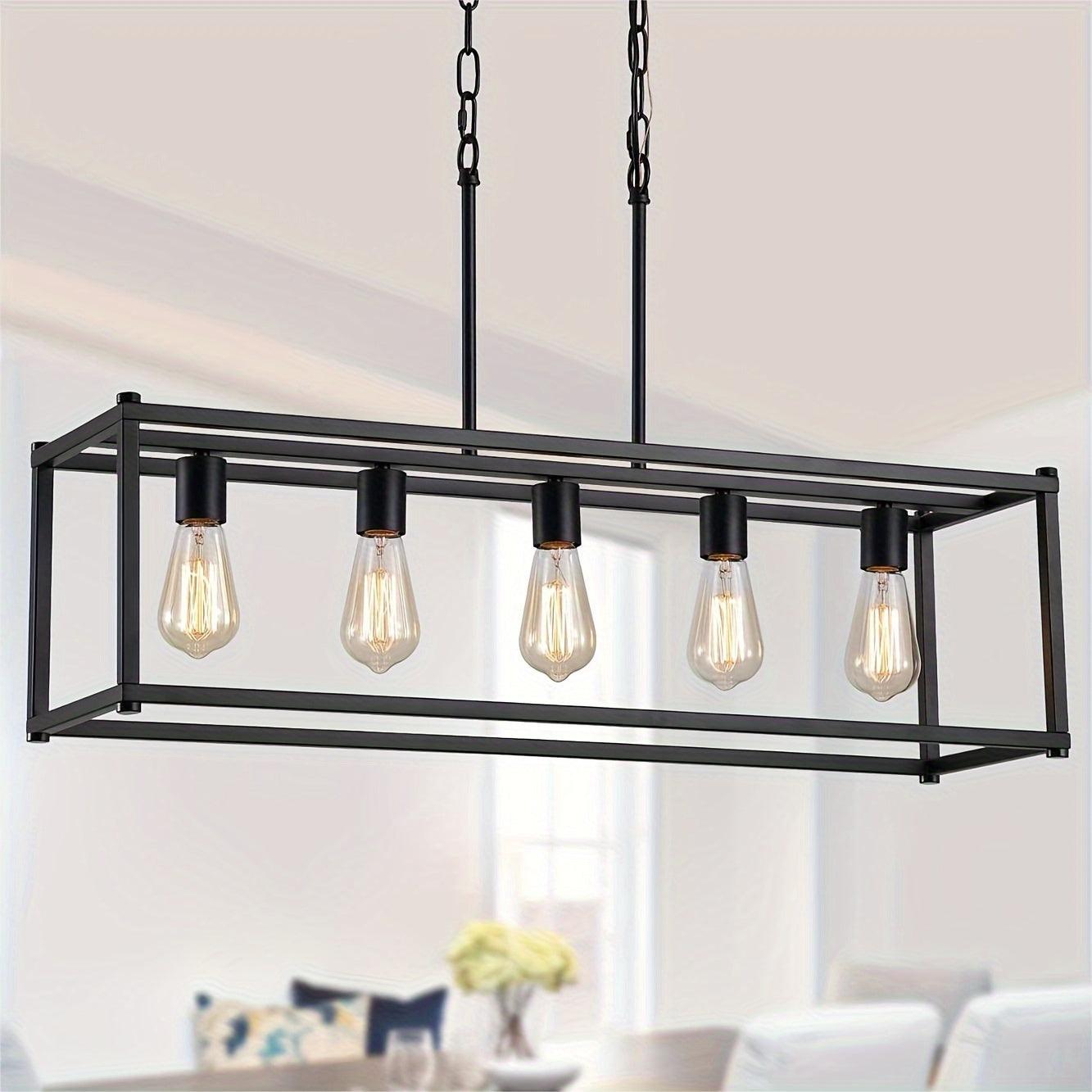 5-Light Industrial Rectangular Chandelier – Rustic Black Kitchen Island Lighting - In home decor