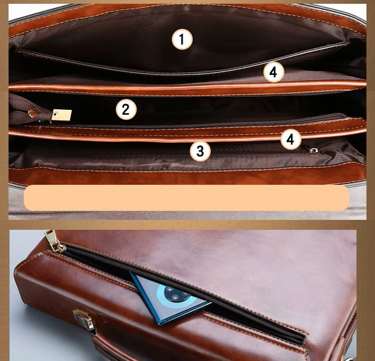 Brown leather briefcase with compartments labeled and a smartphone inside.