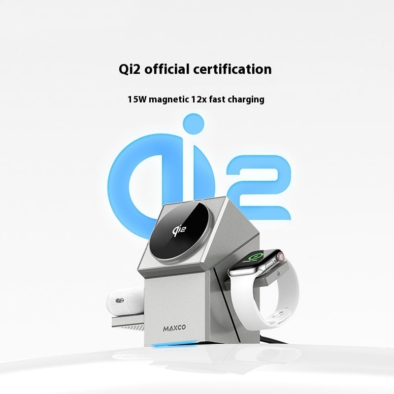Qi2 charging station with a smartwatch on a white background