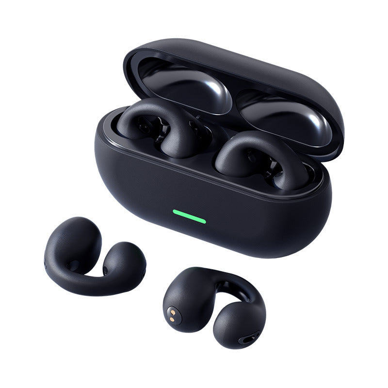 Black wireless earbuds with charging case on a white background
