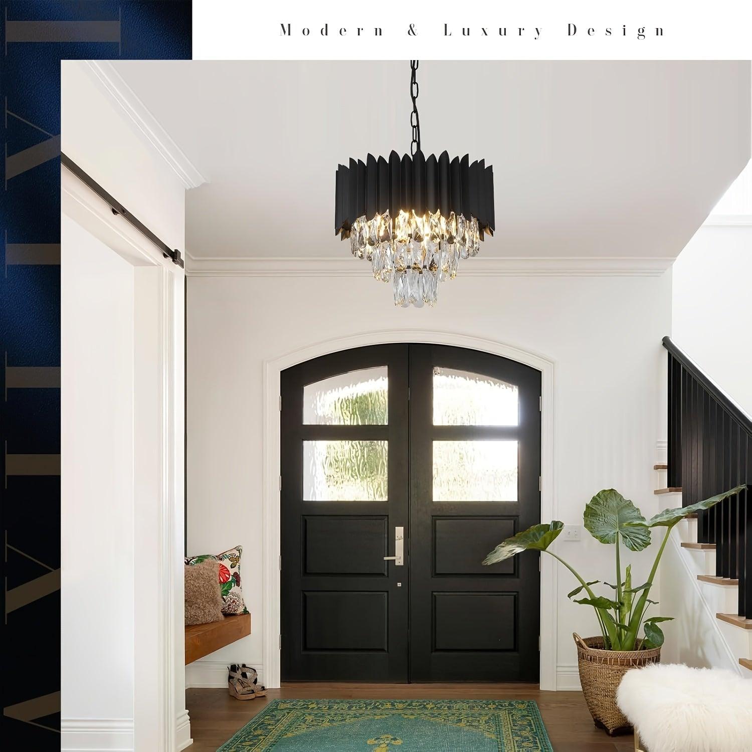 Black crystal chandelier with polished metal frame for modern homes.