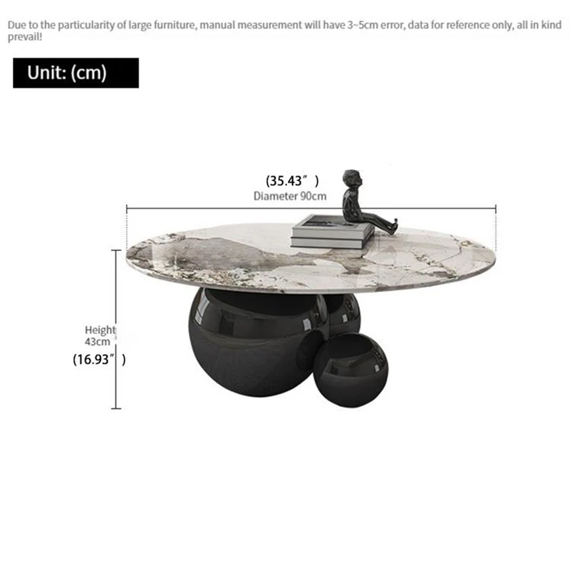 Measurement chart of a round coffee table with marble top and black base on a white background.