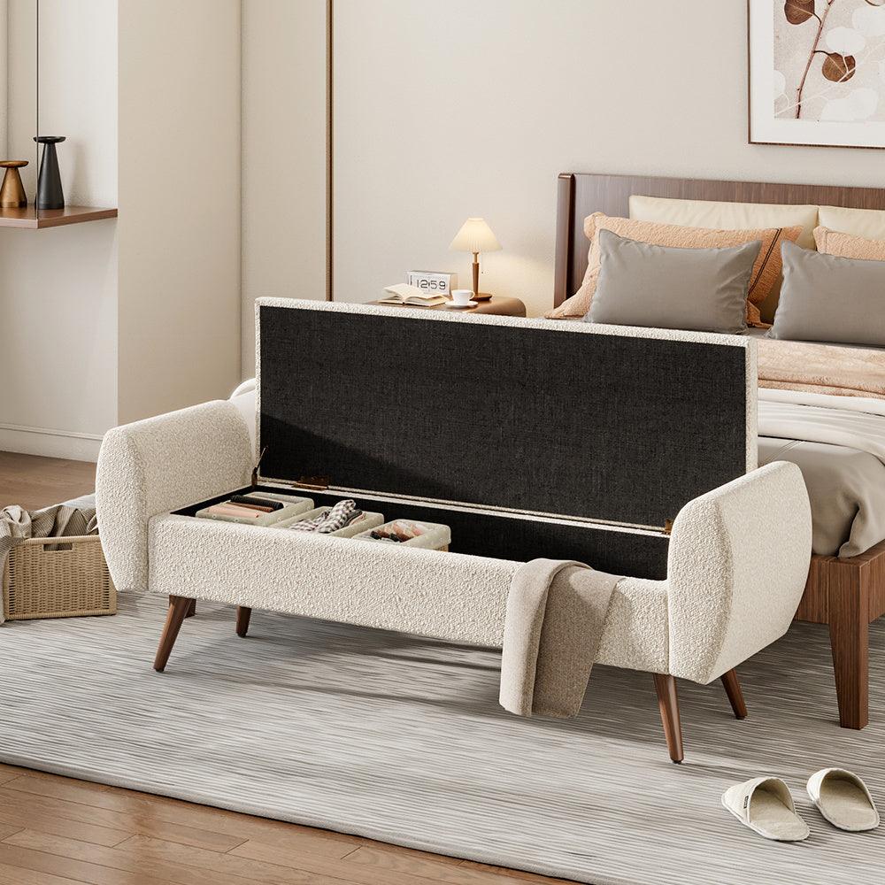 Contemporary upholstered storage bench with Teddy velvet seat.