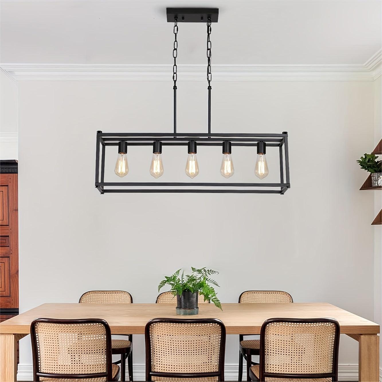 5-Light Industrial Rectangular Chandelier – Rustic Black Kitchen Island Lighting - In home decor