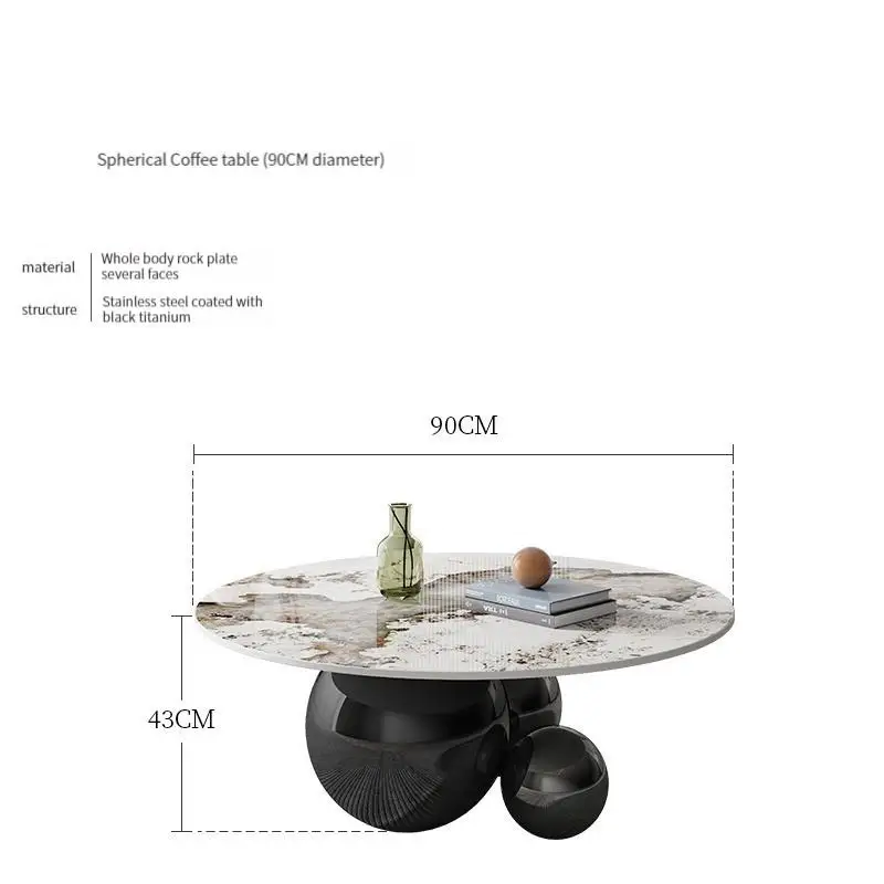 Spherical coffee table with dimensions and material details on a white background