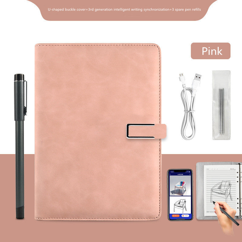 Pink planner with pen, charging cable, and smartphone app on a pink background