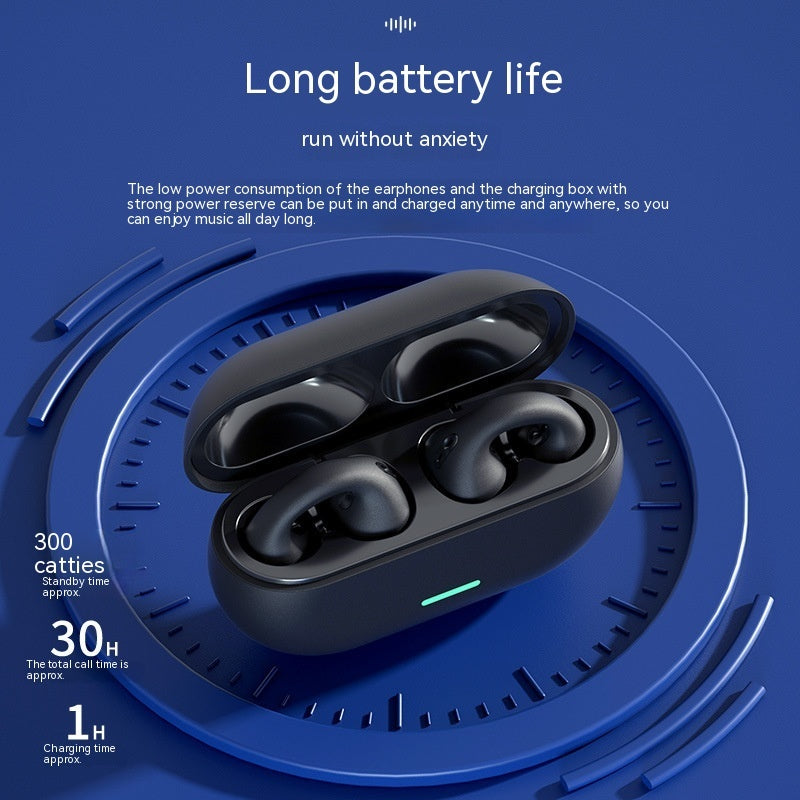 Black wireless earbuds with charging case on a blue background with text about battery life.