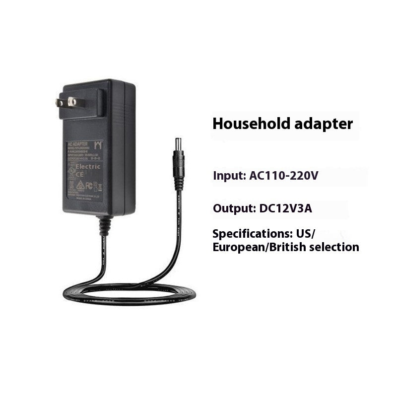 Black household adapter with specifications on a white background