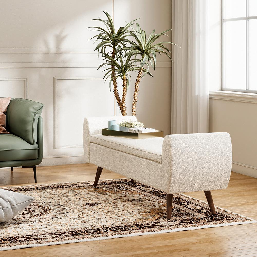 Flip-top bench seat with luxurious Teddy velvet for cozy living spaces.