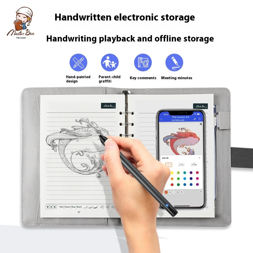 Electronic storage device with digital interface, hand-drawn design, and smartphone app on a white background.