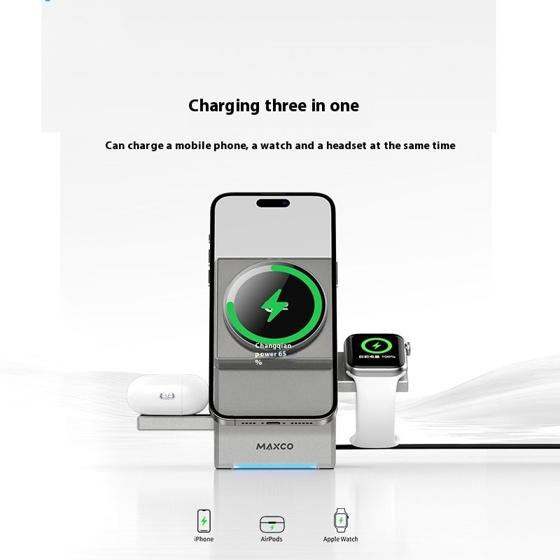Multi-device charging station with smartphone, watch, and wireless earbuds on a white background