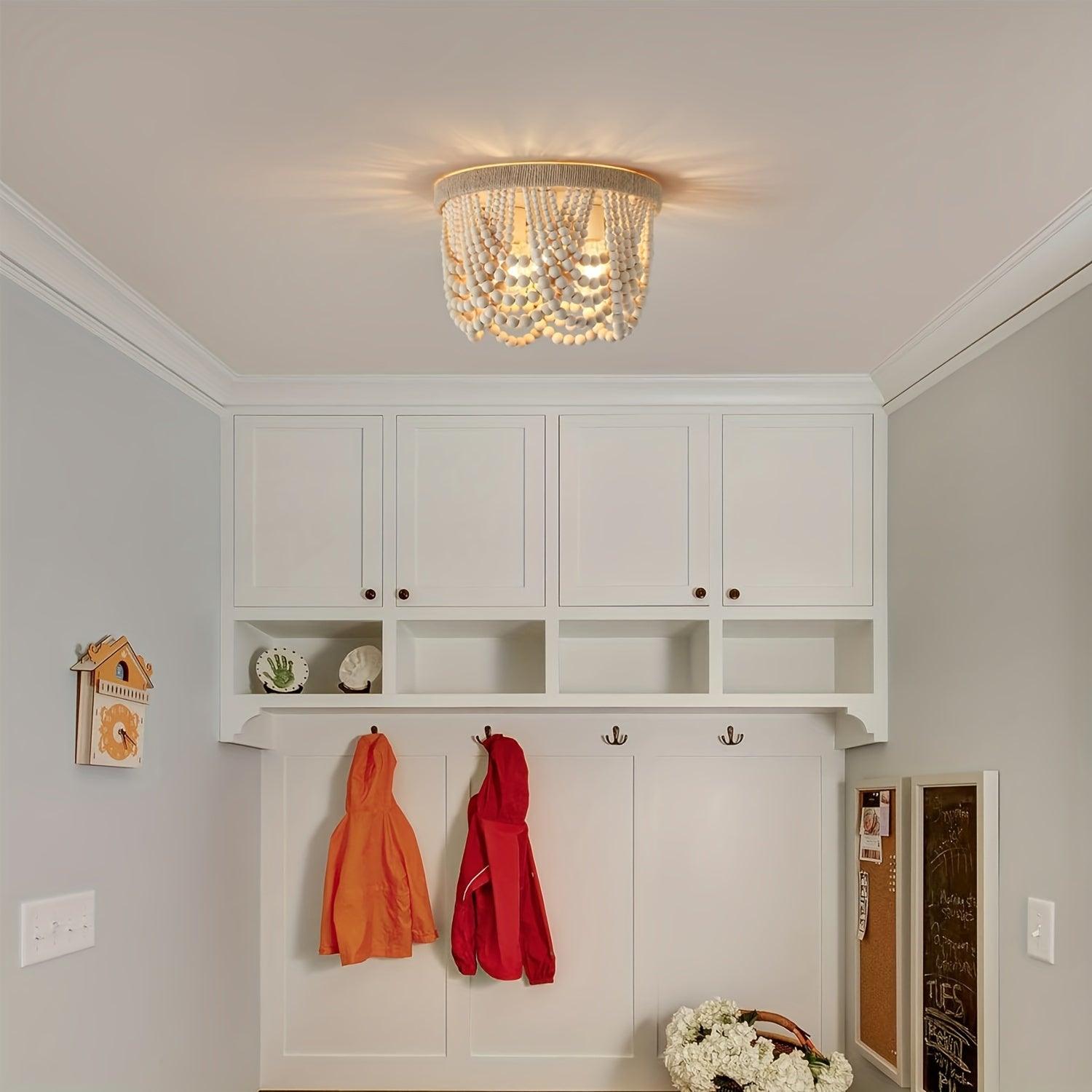 Elegant wood beaded ceiling light for farmhouse-style homes.