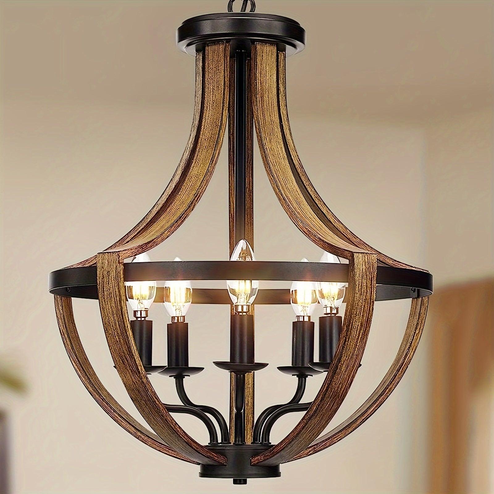 Rustic farmhouse pendant light with adjustable height and 5 E14 bulbs.