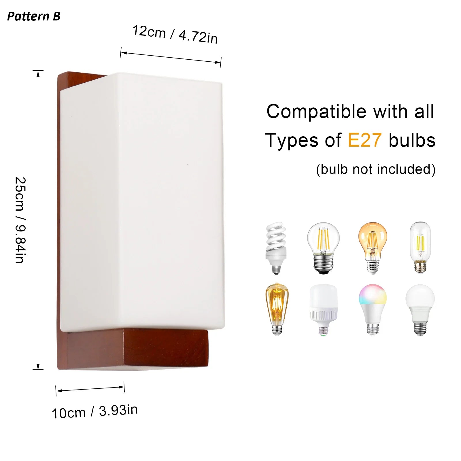 Wall-mounted light fixture with dimensions and compatibility with E27 bulbs on a white background