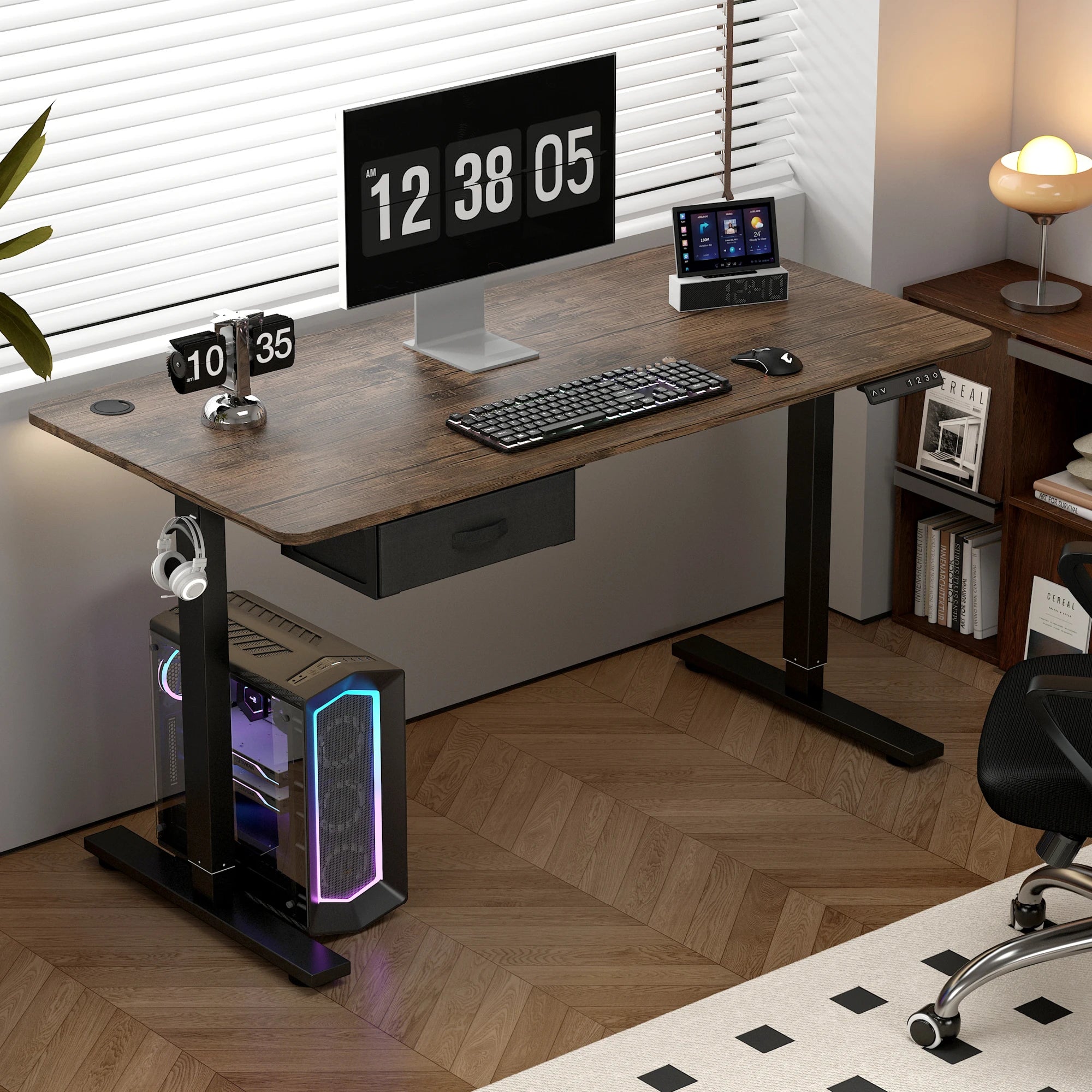Height adjustable desk in use, transitioning from sitting to standing