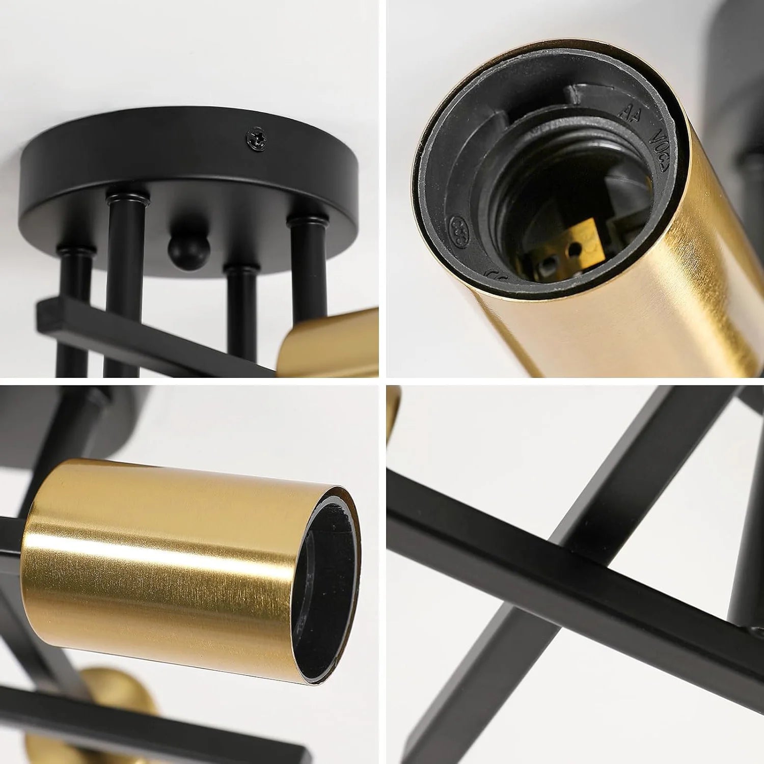 Close-up details of a black and gold chandelier on a white background