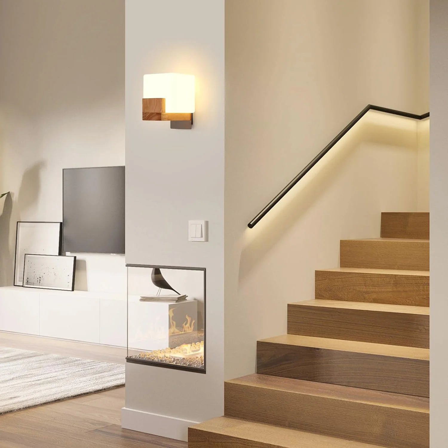 Modern interior with wooden staircase and wall-mounted fireplace.