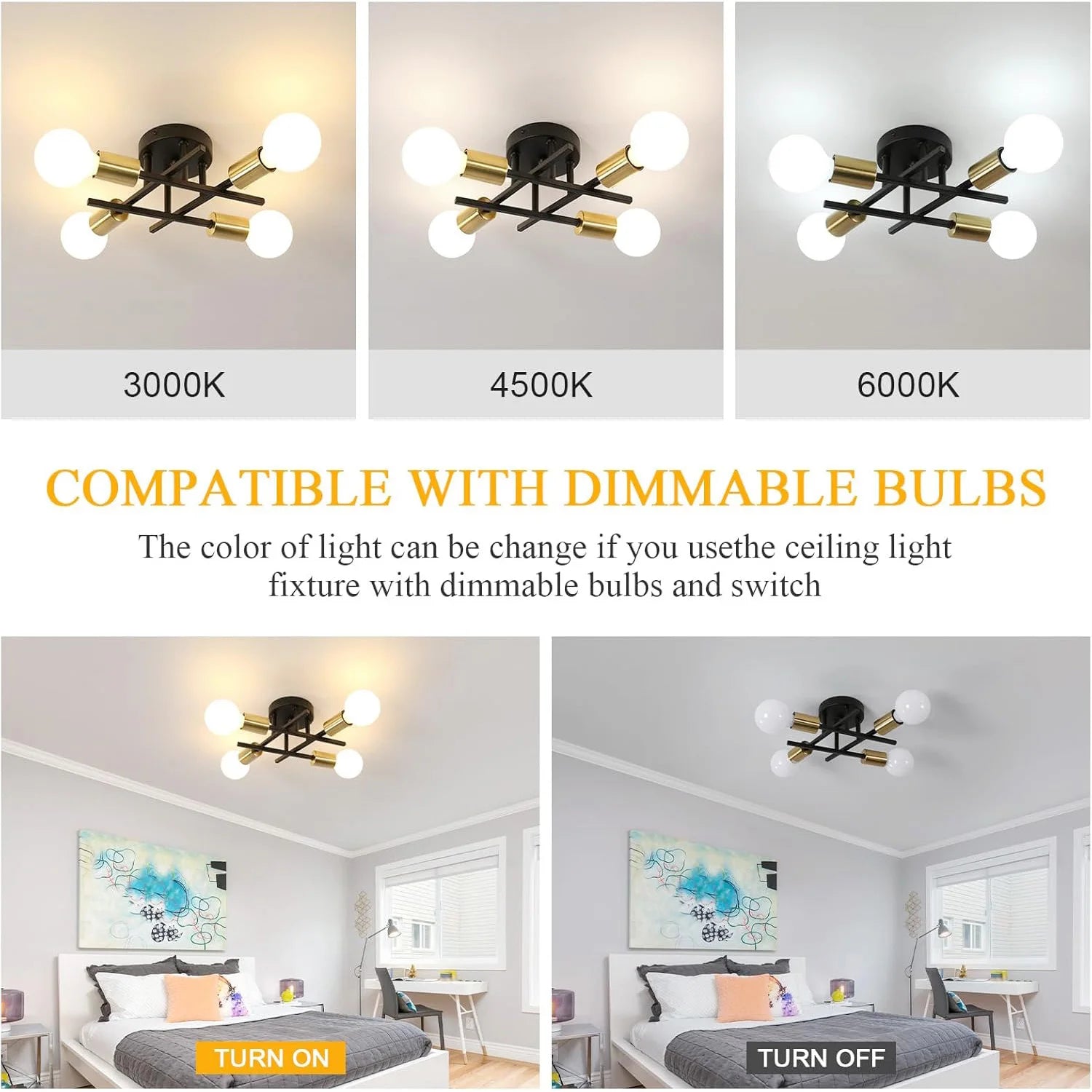 Ceiling light fixture with dimmable bulb options on a gray background