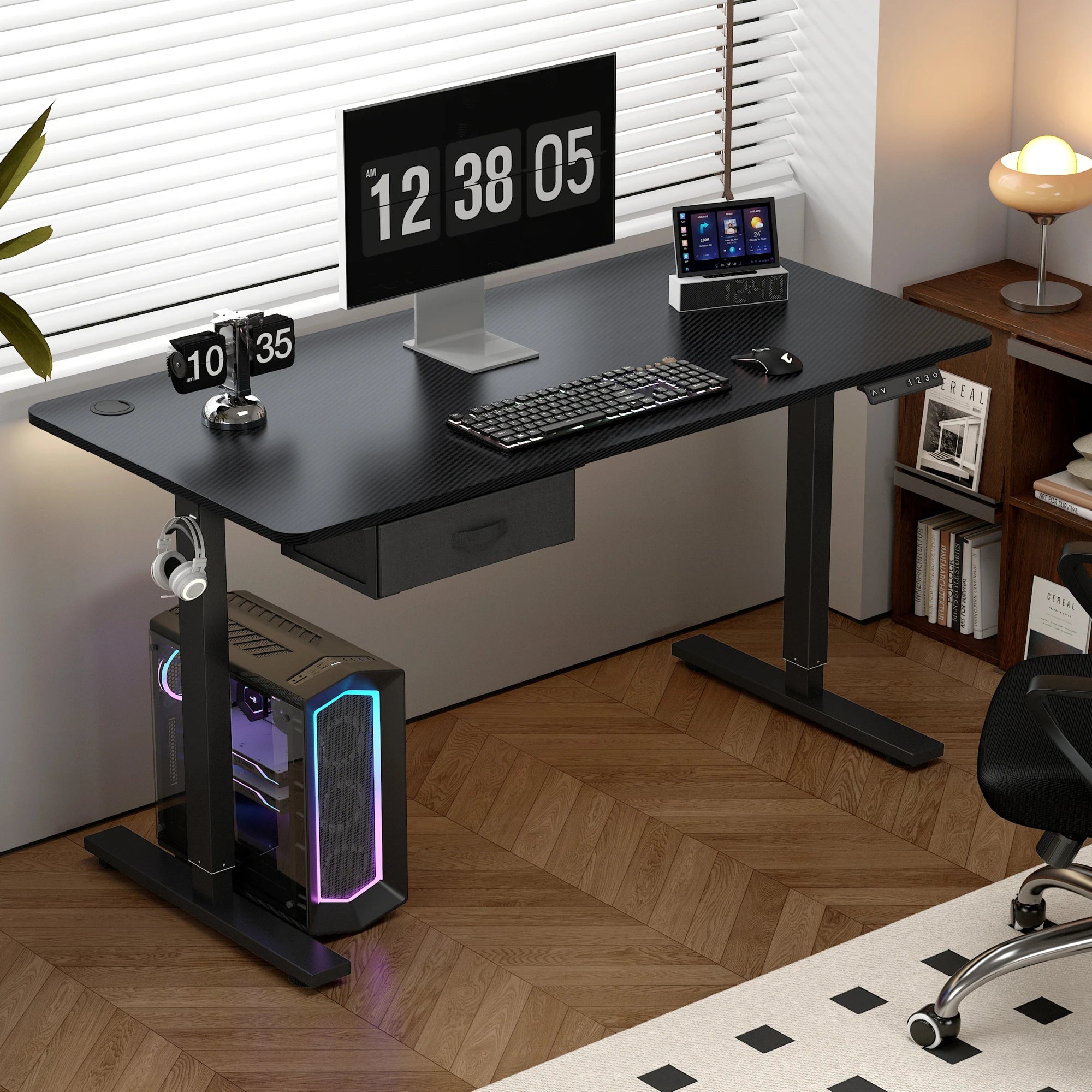 USB-A charging port integrated into desktop for convenience.