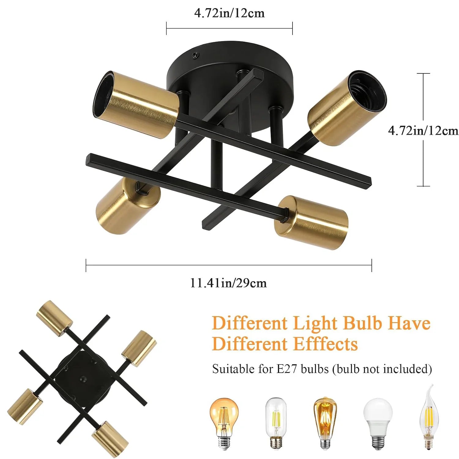 Ceiling light fixture with dimensions and bulb types shown