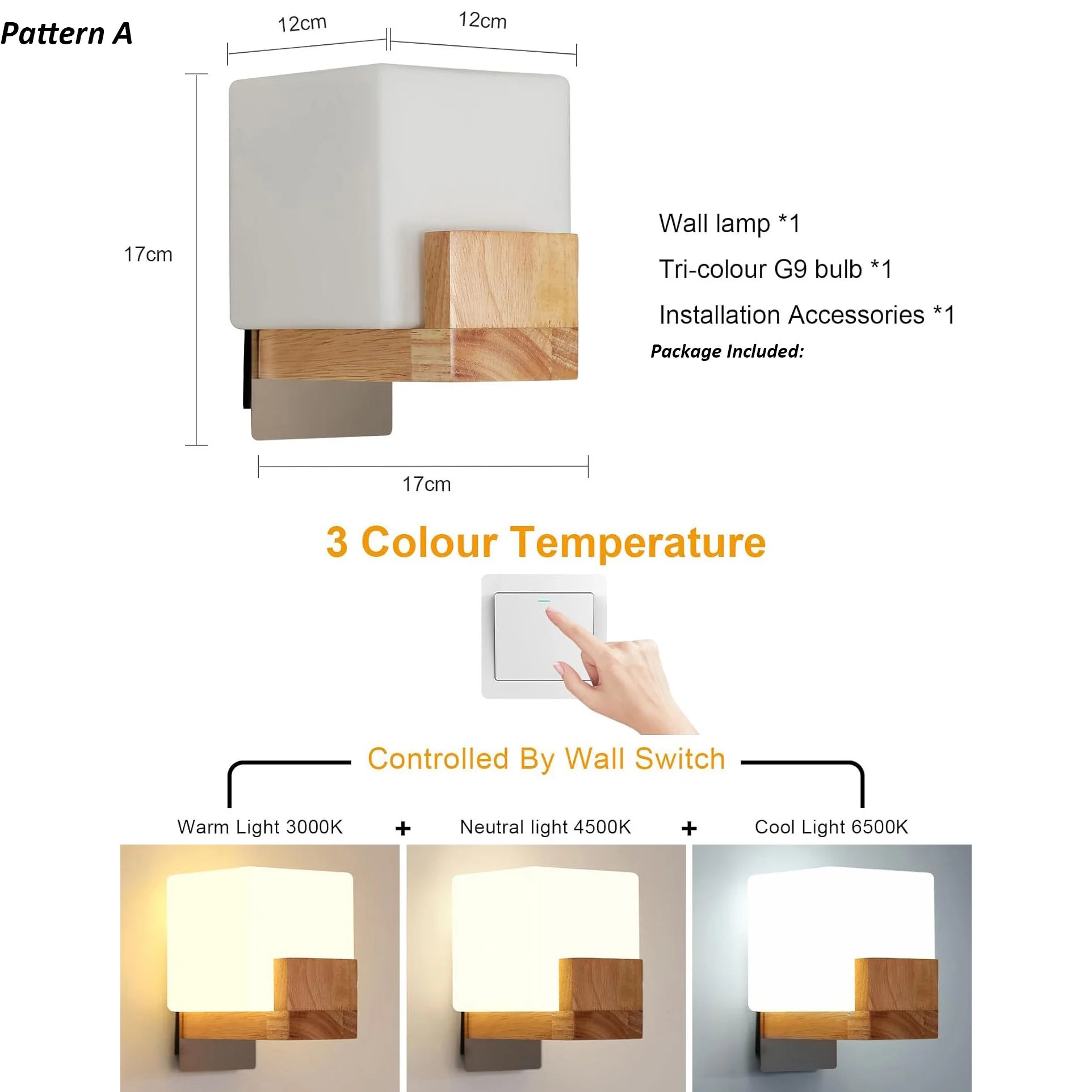 Wall lamp with dimensions, bulb type, and color temperature options on a white background.