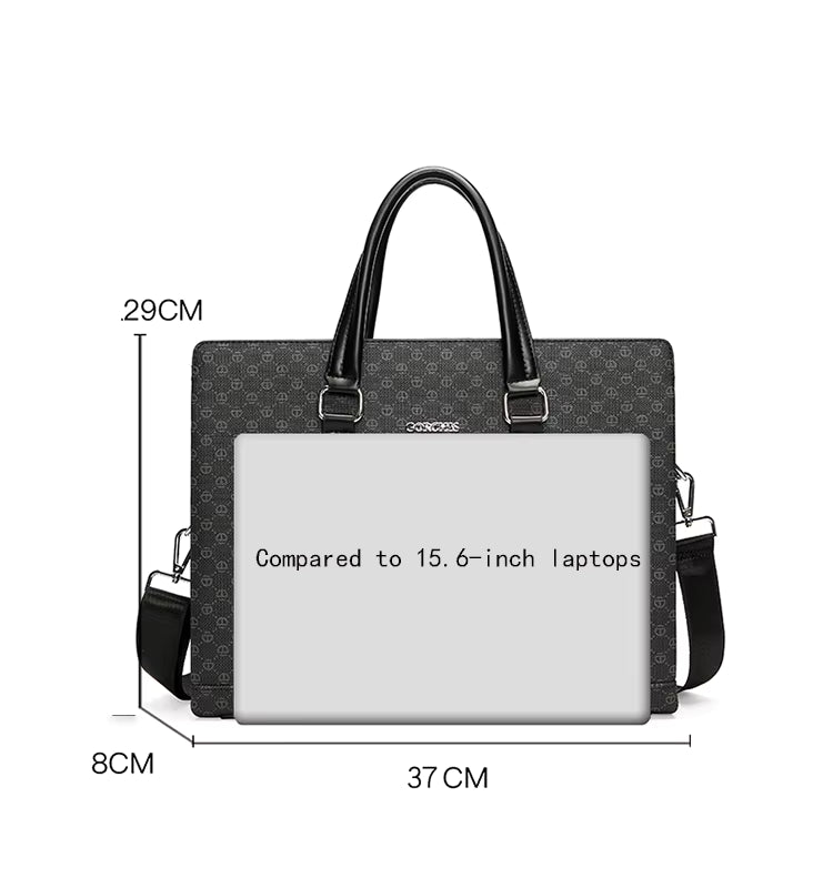 Black and gray laptop bag with dimensions and a laptop inside on a white background