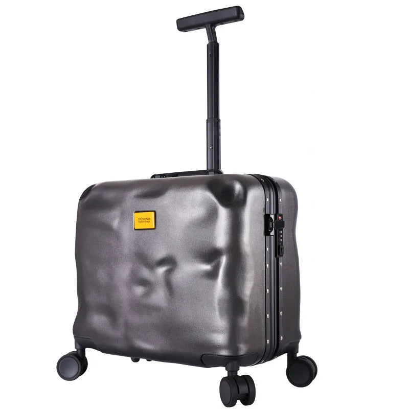 Grey suitcase with a yellow tag on a white background