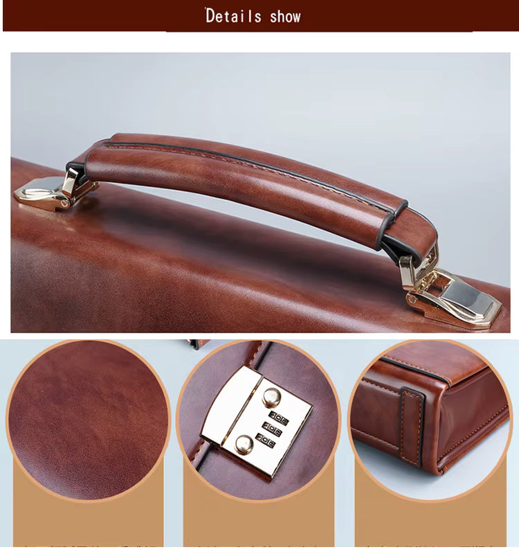 Close-up of a brown leather suitcase handle with detailed views on a light gray background.