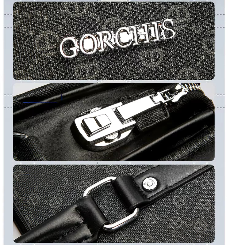Close-up of a black bag with metal hardware, featuring the brand &