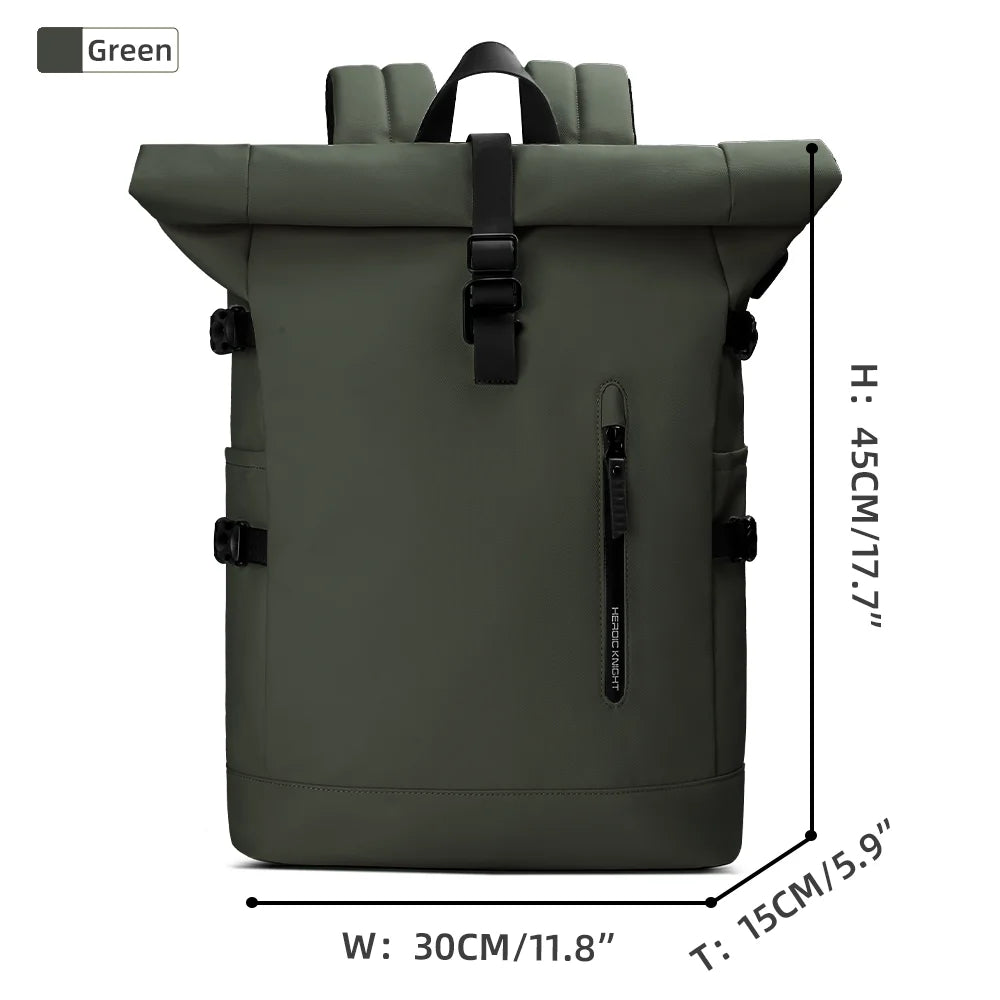 Green roll-top backpack with measurements on a white background