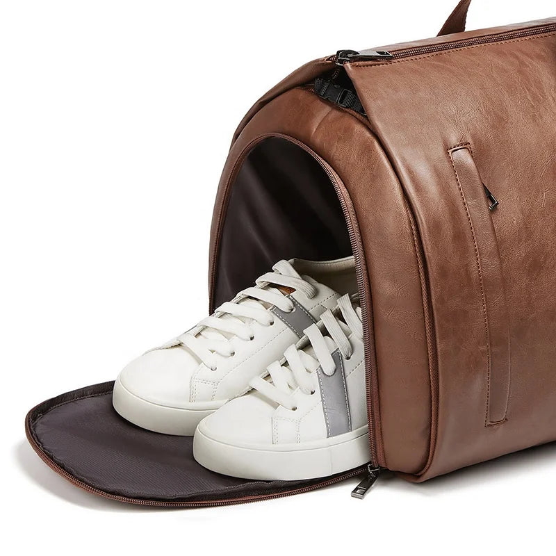 Brown leather duffel bag with a white sneaker inside on a white background