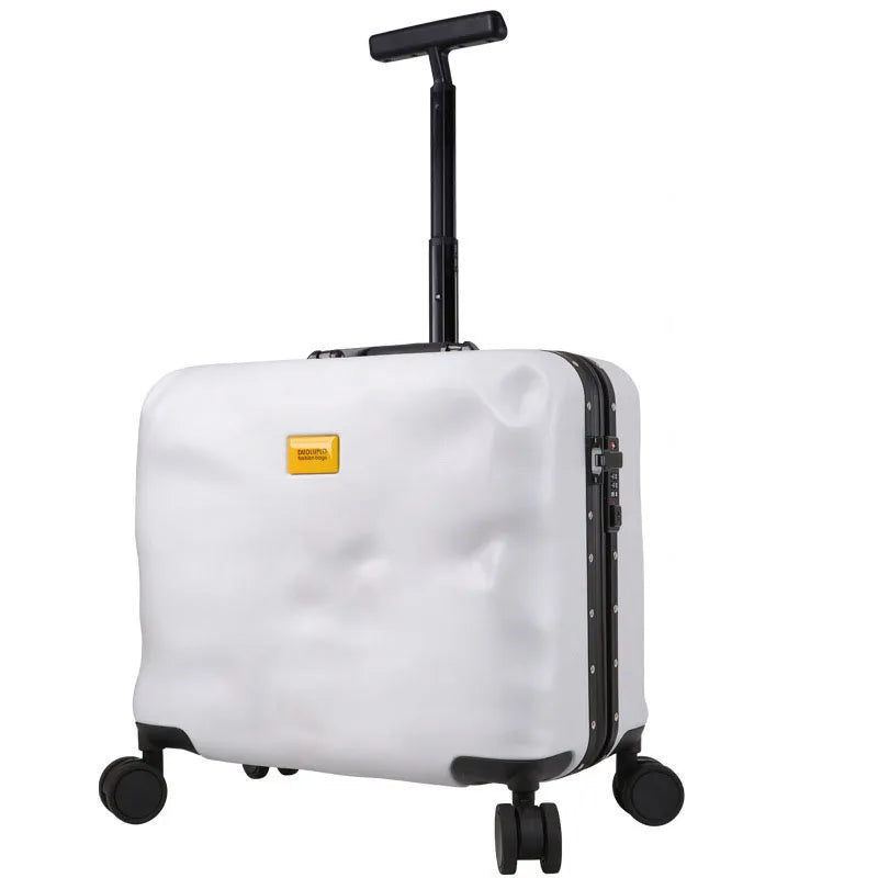 White suitcase with a black handle and wheels on a white background