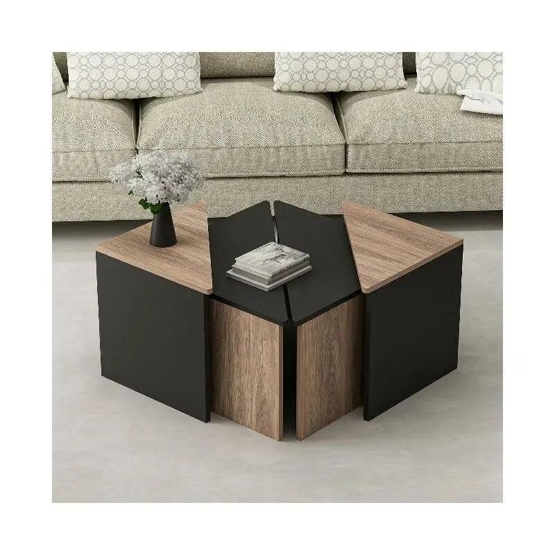 4-piece black coffee and side table set with shelves for living room